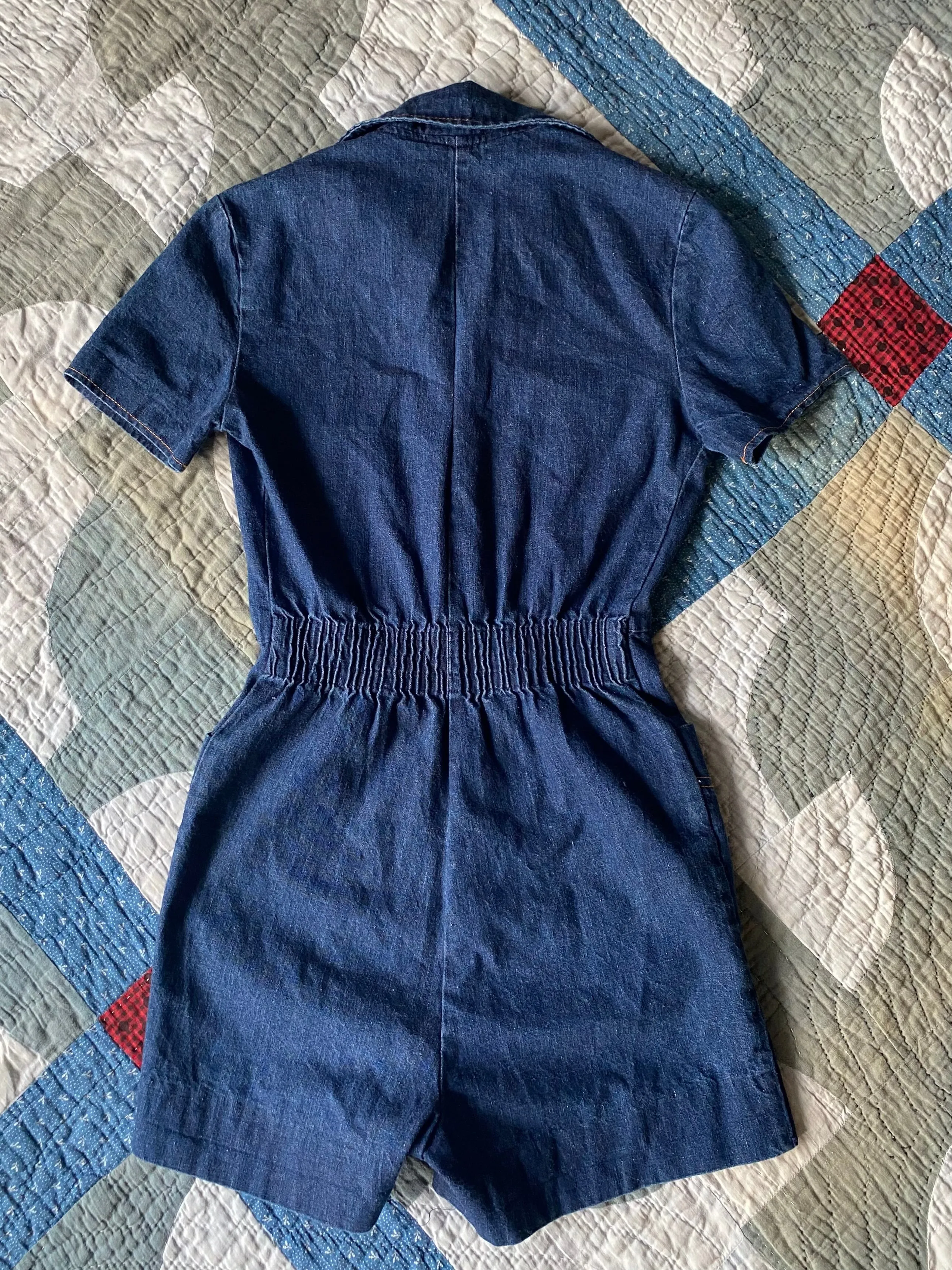 1970s Happy Legs denim shorts romper jumpsuit
