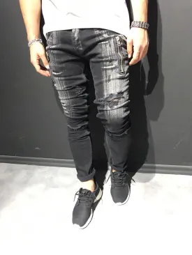 2Y Men Slim Fit Scratched Ripped Destroyed Zippers Jeans - Black