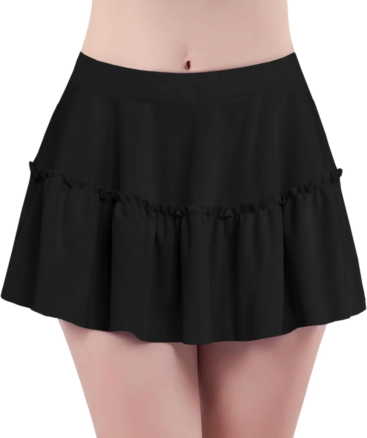 Afibi Women's Short Skater Skirt Basic Casual High Waisted Ruffles Flared Mini Lingerie Skirts