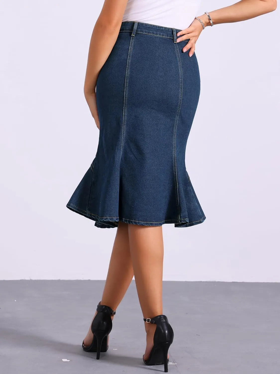 Allegra K Denim Jean Skirt for Women's High Waist Bodycon Ruffles Fishtail Skirts