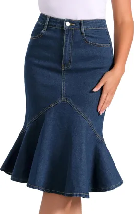 Allegra K Denim Jean Skirt for Women's High Waist Bodycon Ruffles Fishtail Skirts