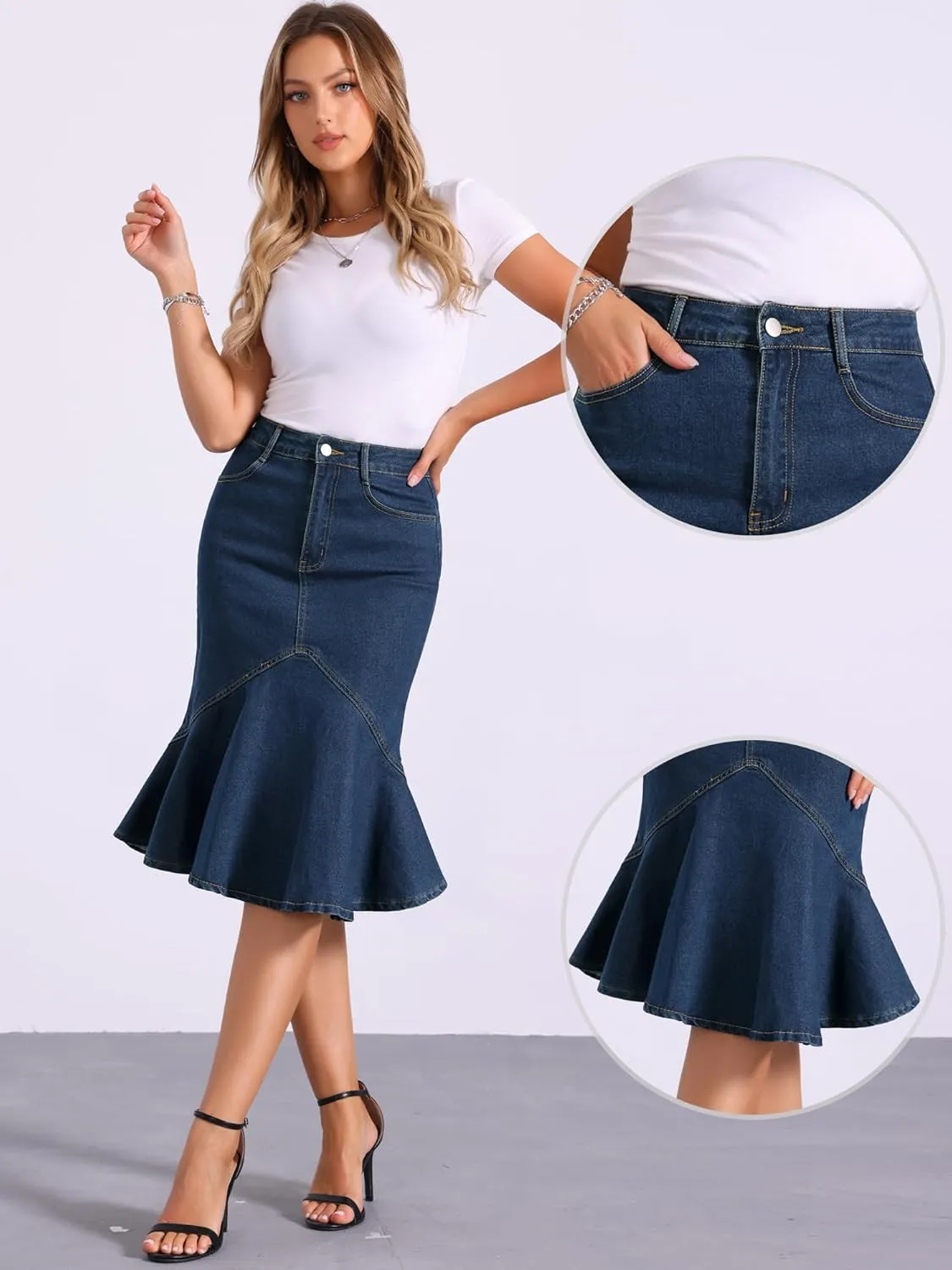 Allegra K Denim Jean Skirt for Women's High Waist Bodycon Ruffles Fishtail Skirts