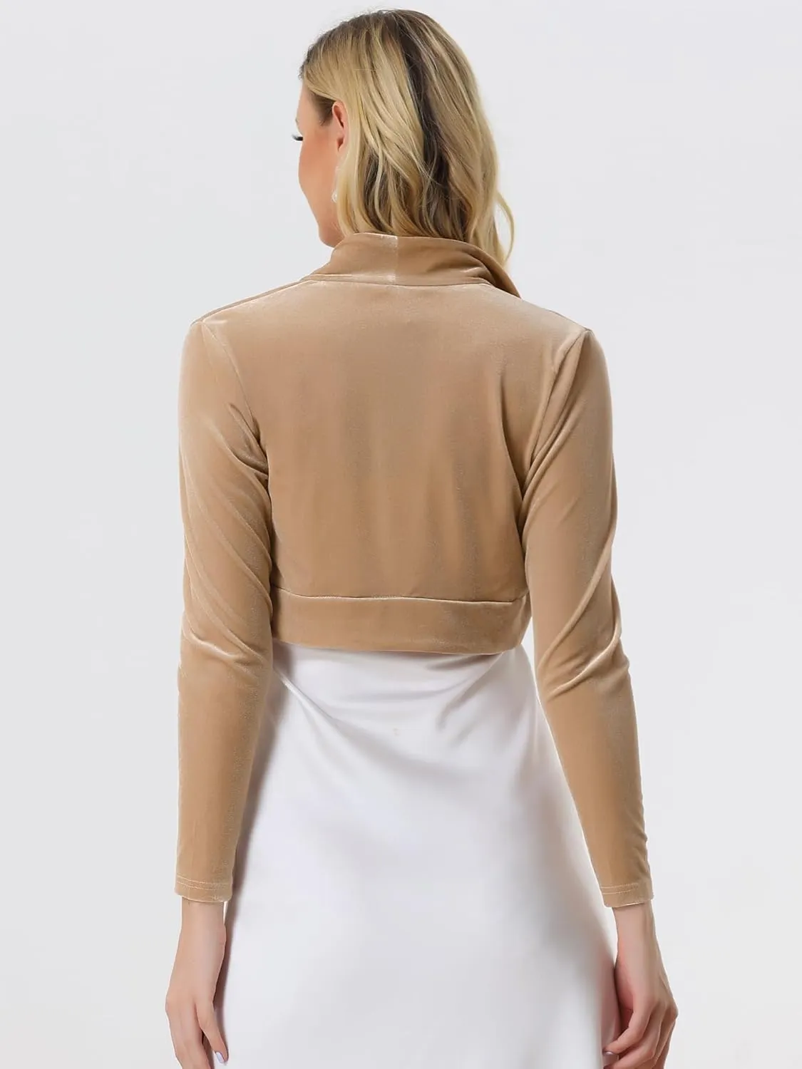 Allegra K Women's Long Sleeve Velvet Shrug Cocktail Party Open Front Cropped Bolero Cardigan Top