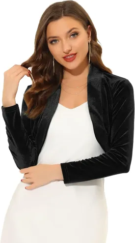 Allegra K Women's Long Sleeve Velvet Shrug Cocktail Party Open Front Cropped Bolero Cardigan Top