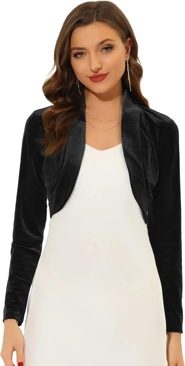 Allegra K Women's Long Sleeve Velvet Shrug Cocktail Party Open Front Cropped Bolero Cardigan Top