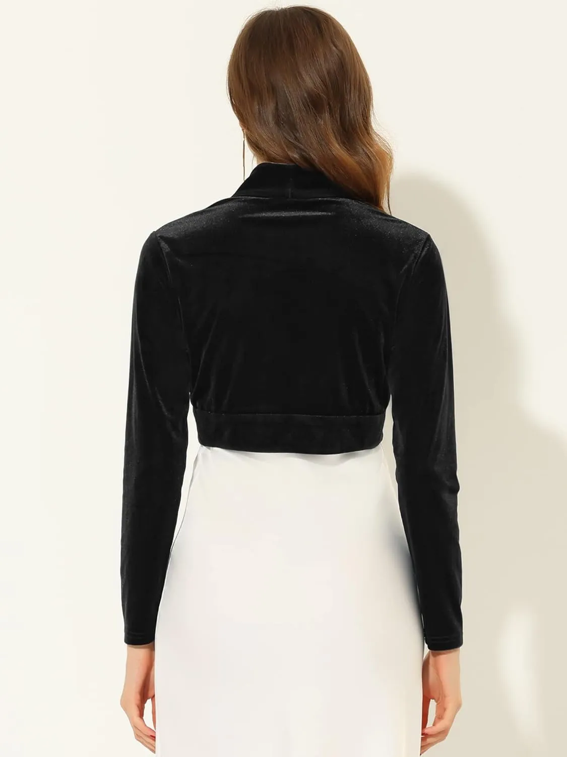 Allegra K Women's Long Sleeve Velvet Shrug Cocktail Party Open Front Cropped Bolero Cardigan Top