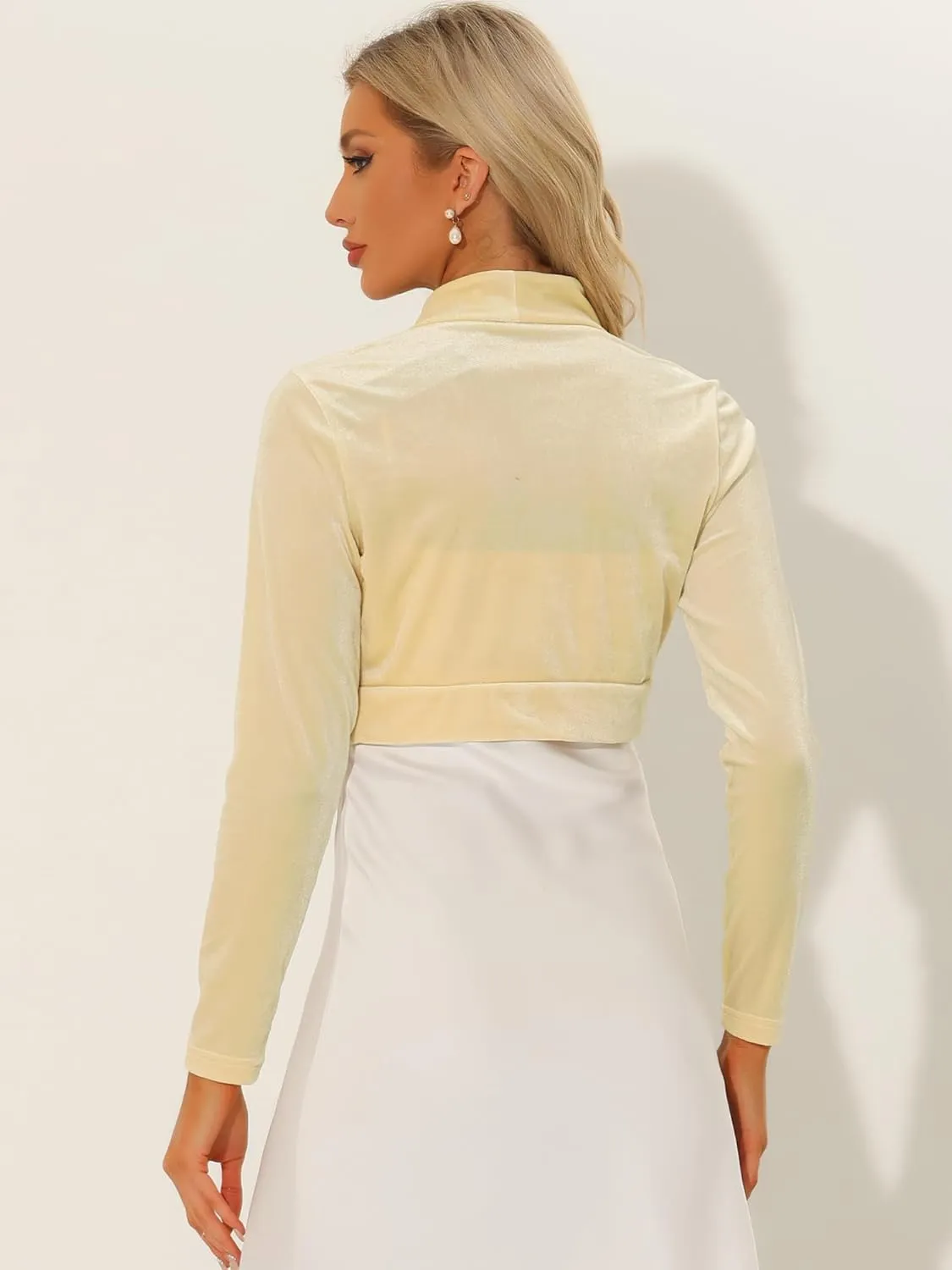 Allegra K Women's Long Sleeve Velvet Shrug Cocktail Party Open Front Cropped Bolero Cardigan Top