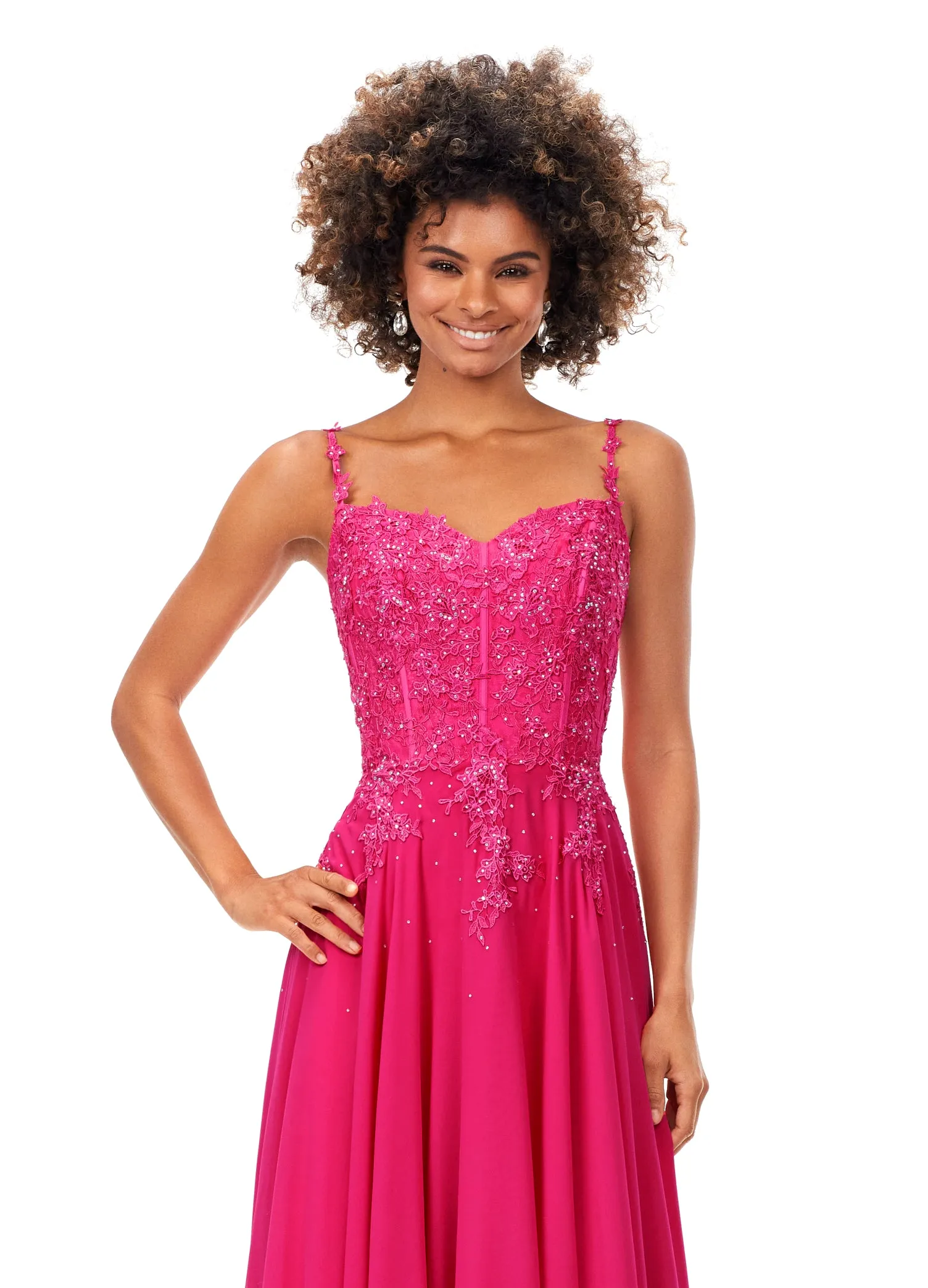 Ashley Lauren 11332 Chiffon Evening Prom Gown with Lace Bustier A Line