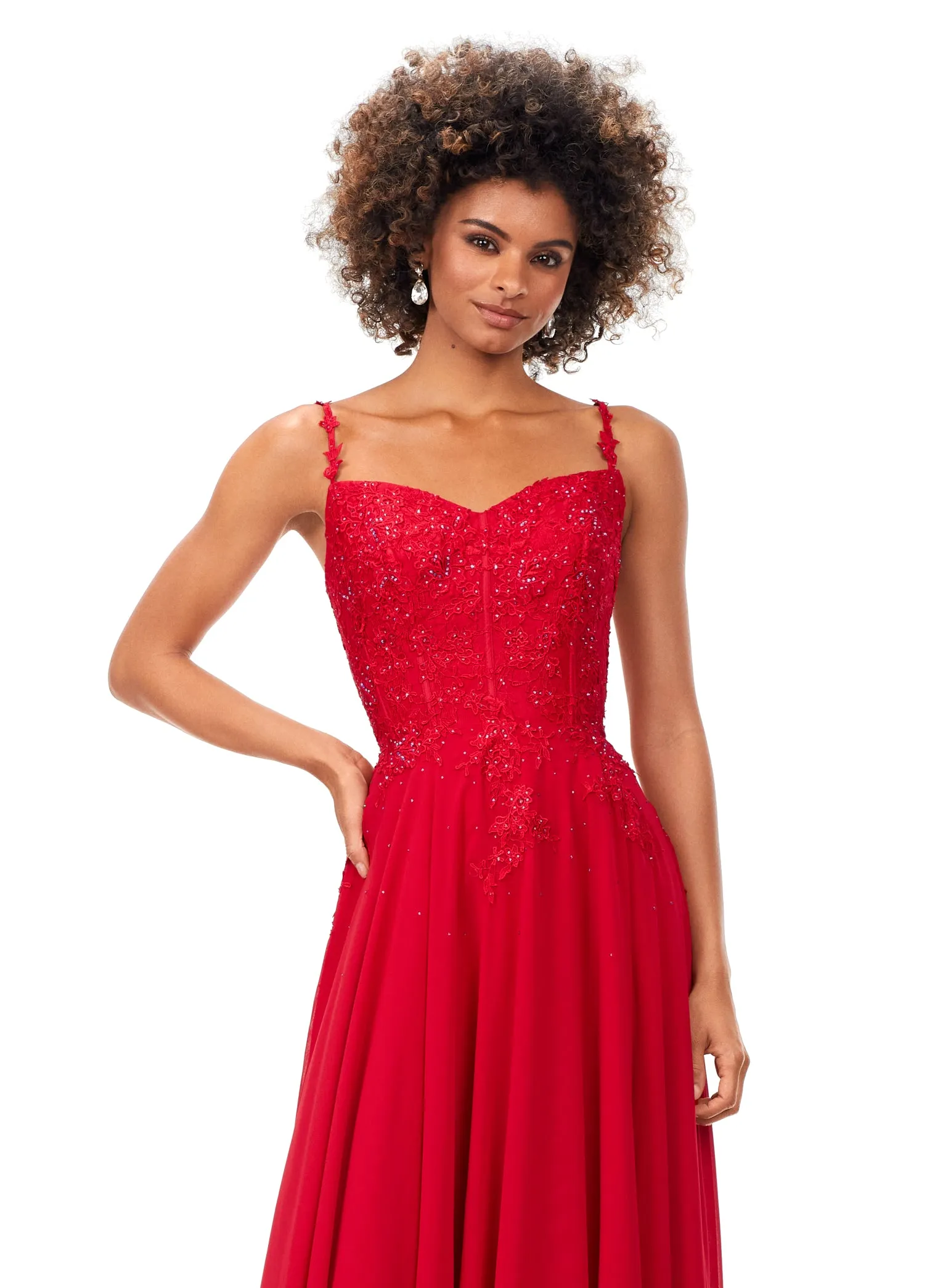 Ashley Lauren 11332 Chiffon Evening Prom Gown with Lace Bustier A Line