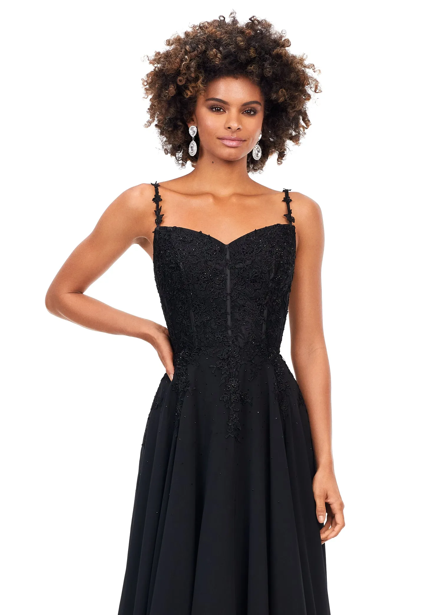 Ashley Lauren 11332 Chiffon Evening Prom Gown with Lace Bustier A Line