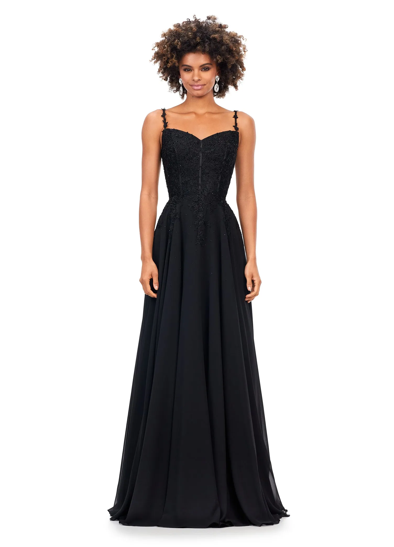 Ashley Lauren 11332 Chiffon Evening Prom Gown with Lace Bustier A Line