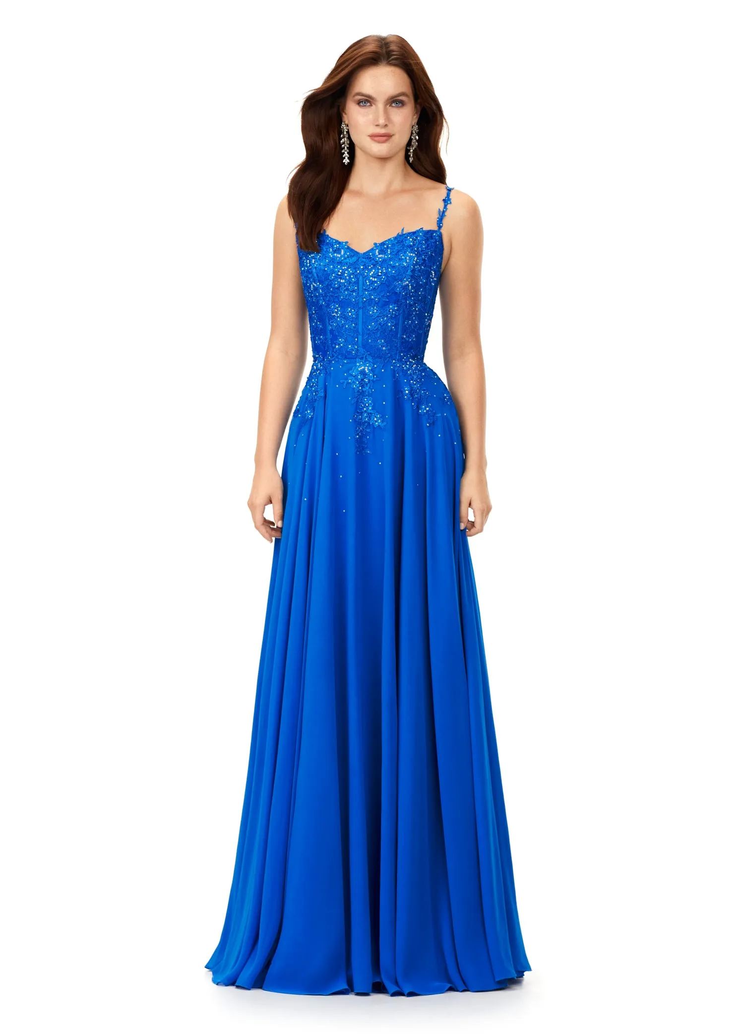 Ashley Lauren 11332 Chiffon Evening Prom Gown with Lace Bustier A Line