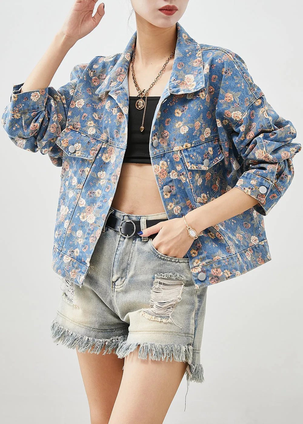 Beautiful Blue Peter Pan Collar Print Denim Coats Fall ML1972