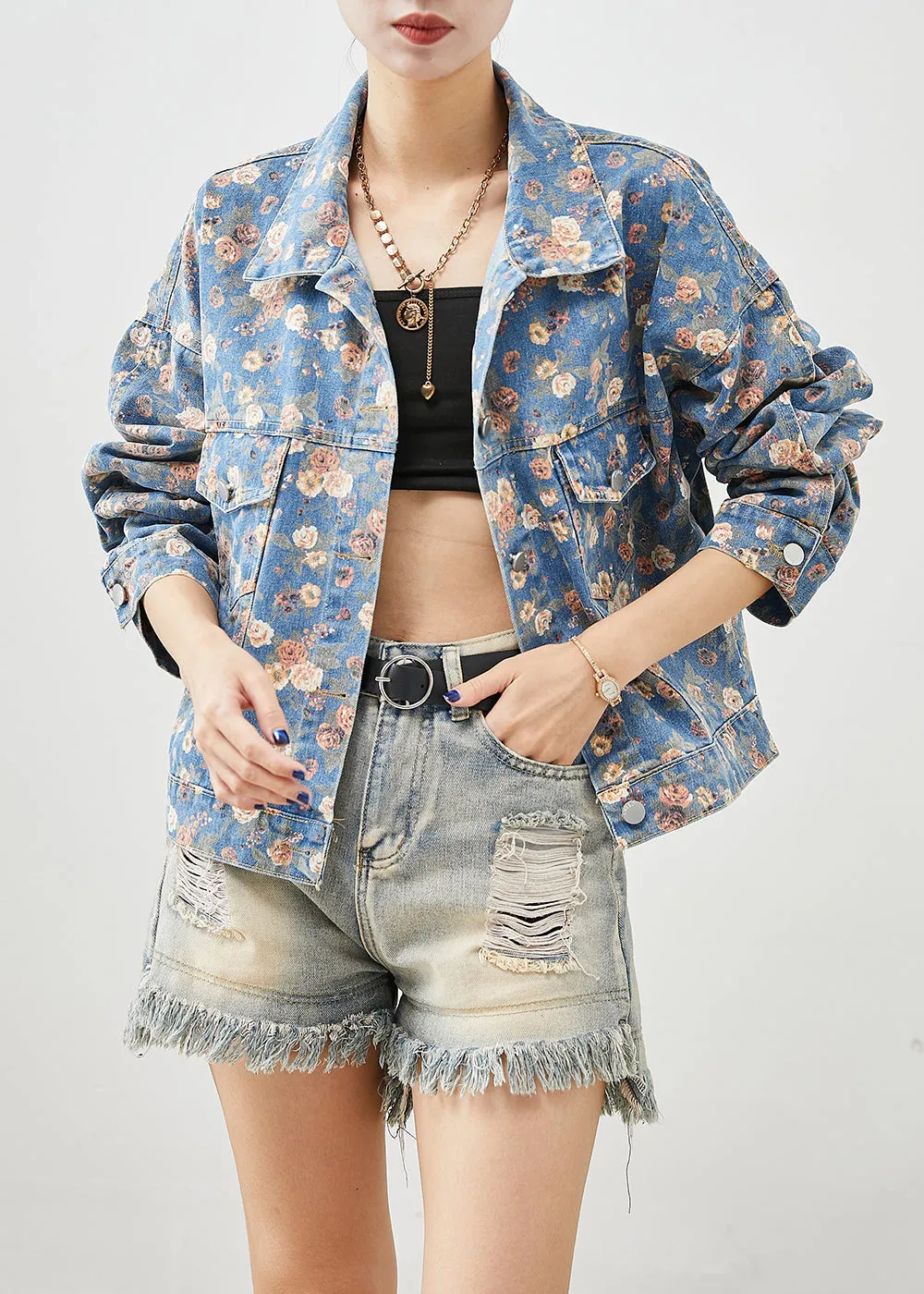 Beautiful Blue Peter Pan Collar Print Denim Coats Fall ML1972