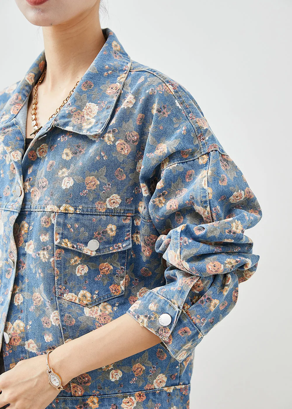 Beautiful Blue Peter Pan Collar Print Denim Coats Fall ML1972