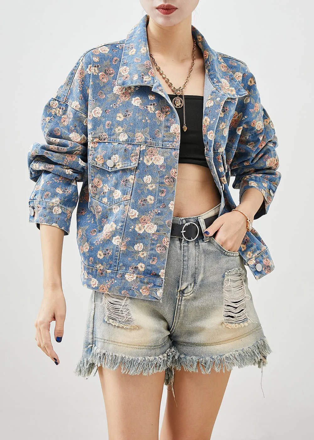 Beautiful Blue Peter Pan Collar Print Denim Coats Fall ML1972