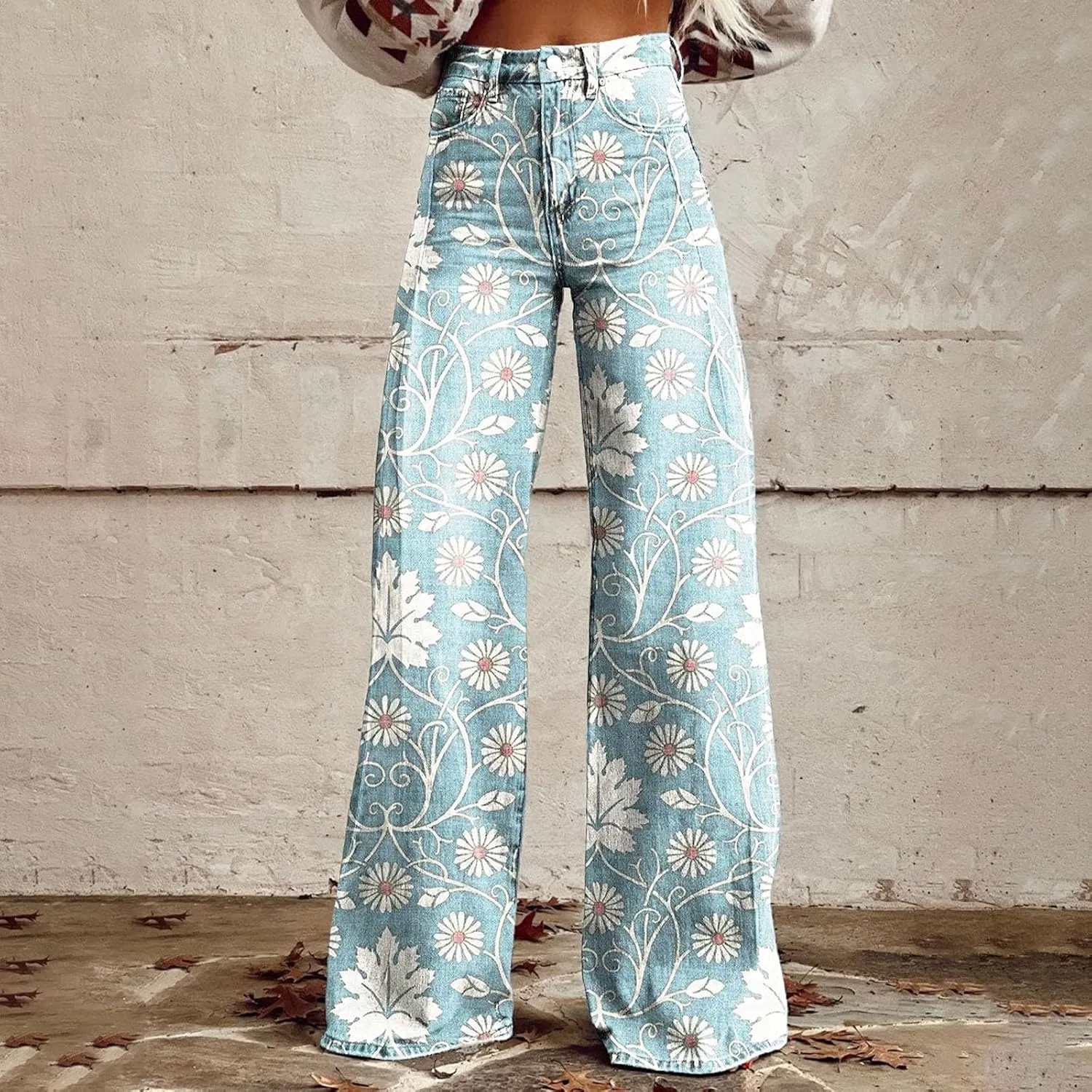 Bell Bottom Floral Patterned Jeans for Women,High Waisted Wide Leg Flare Stretchy Plus Size Jeans for Curvy Women