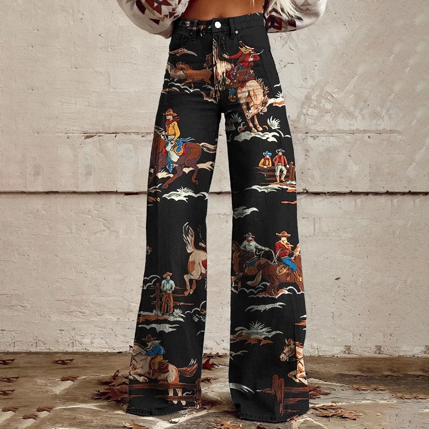 Bell Bottom Floral Patterned Jeans for Women,High Waisted Wide Leg Flare Stretchy Plus Size Jeans for Curvy Women