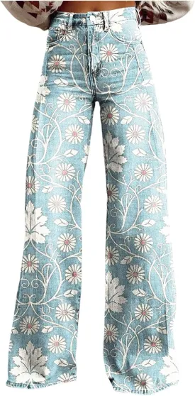 Bell Bottom Floral Patterned Jeans for Women,High Waisted Wide Leg Flare Stretchy Plus Size Jeans for Curvy Women