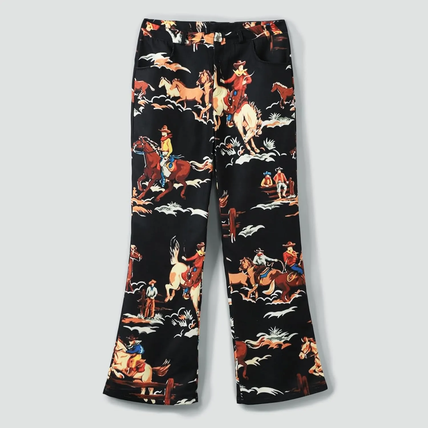 Bell Bottom Floral Patterned Jeans for Women,High Waisted Wide Leg Flare Stretchy Plus Size Jeans for Curvy Women