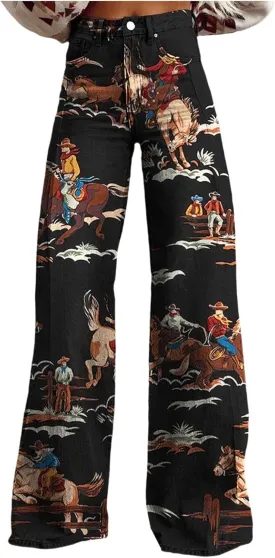 Bell Bottom Floral Patterned Jeans for Women,High Waisted Wide Leg Flare Stretchy Plus Size Jeans for Curvy Women