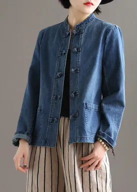 Bohemian Blue Stand Collar Pockets Patchwork Button Denim Coats Fall LY9469