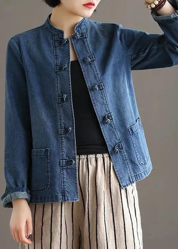Bohemian Blue Stand Collar Pockets Patchwork Button Denim Coats Fall LY9469