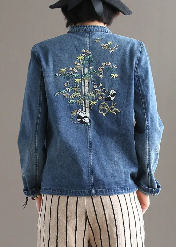 Bohemian Blue Stand Collar Pockets Patchwork Button Denim Coats Fall LY9469