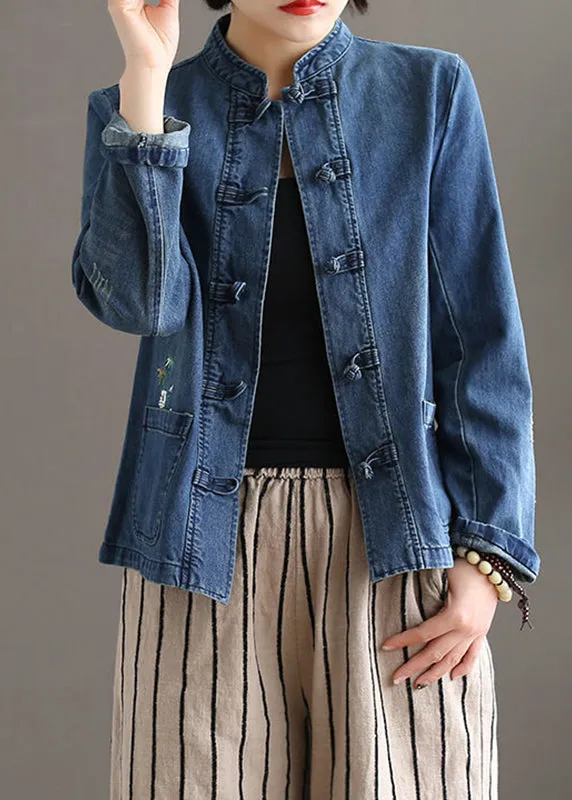 Bohemian Blue Stand Collar Pockets Patchwork Button Denim Coats Fall LY9469