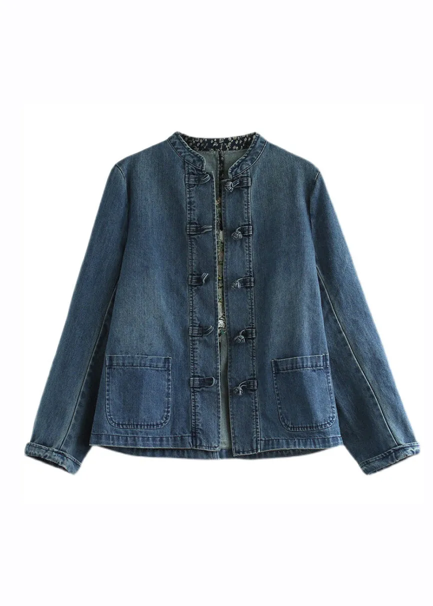 Bohemian Blue Stand Collar Pockets Patchwork Button Denim Coats Fall LY9469