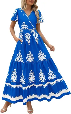 Boho Maxi Dress for Women 2025 Summer Casual V Neck Short Sleeve Flowy Long Dresses Aline Elegant Tiered Floral Dress