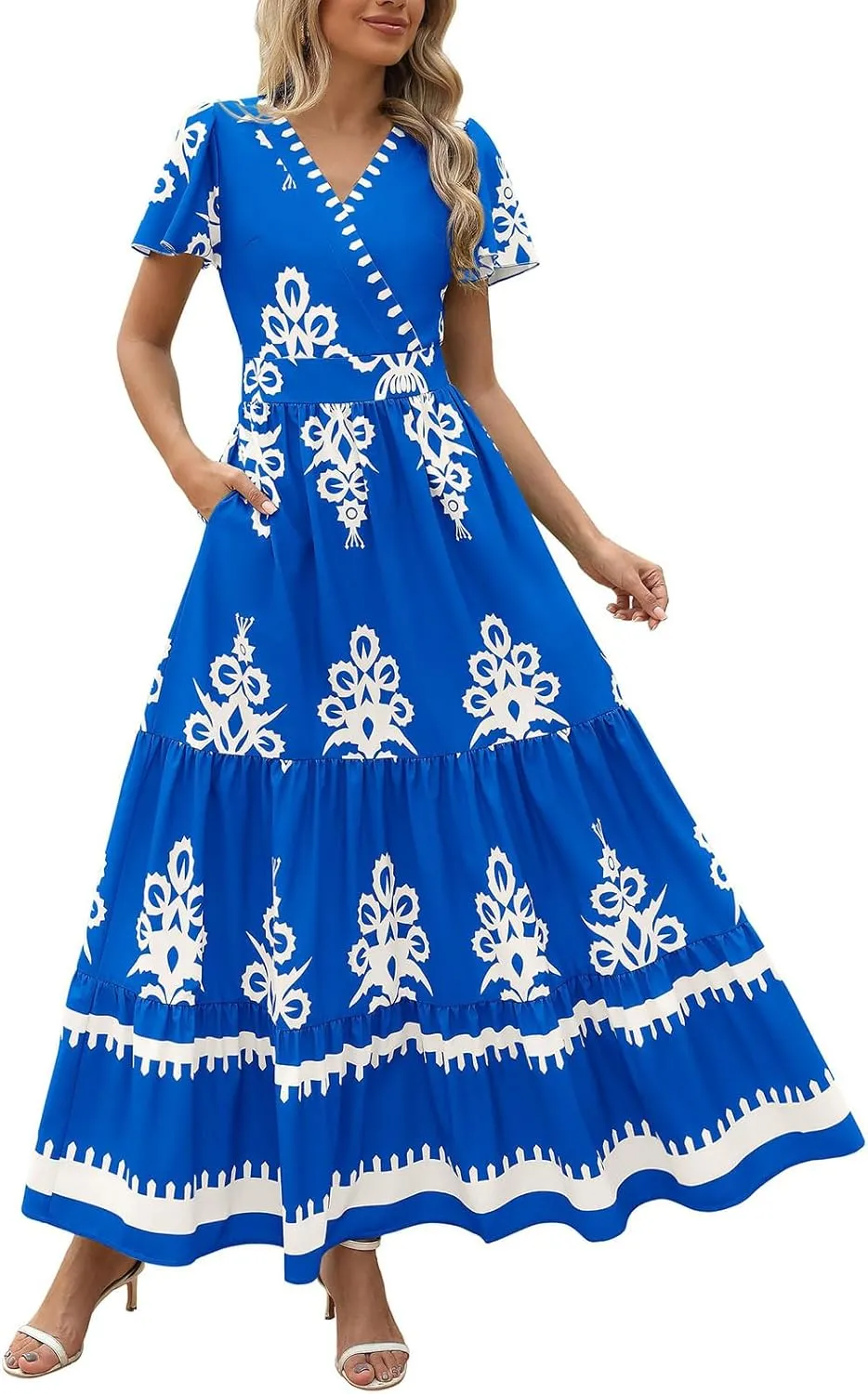 Boho Maxi Dress for Women 2025 Summer Casual V Neck Short Sleeve Flowy Long Dresses Aline Elegant Tiered Floral Dress