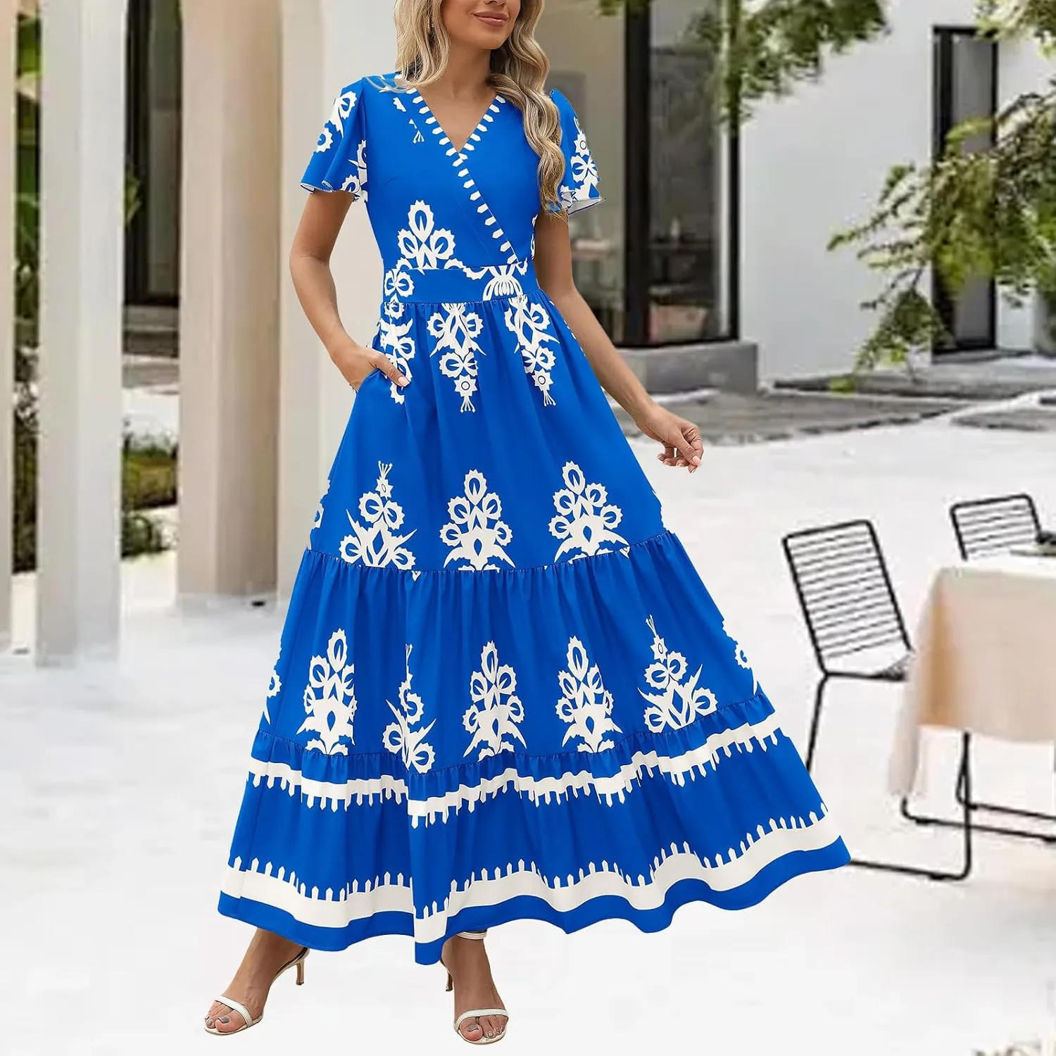 Boho Maxi Dress for Women 2025 Summer Casual V Neck Short Sleeve Flowy Long Dresses Aline Elegant Tiered Floral Dress