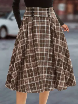 Buttoned Elasticity Plaid Pleated Pockets A-line High Waisted Skirts Bottoms
