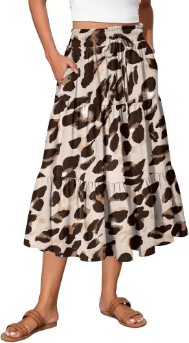 Casual Skirts for Women Summer High Waisted Wrap Midi Skirt Swing A-Line Floral Print Knee Length Skirt with Pockets