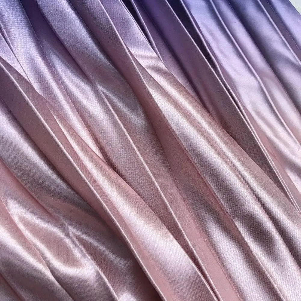 CHARTOU Women Cute Satin Metallic Gradient Pleated Midi Skirt Flowy Accordion A Line Long Skirt