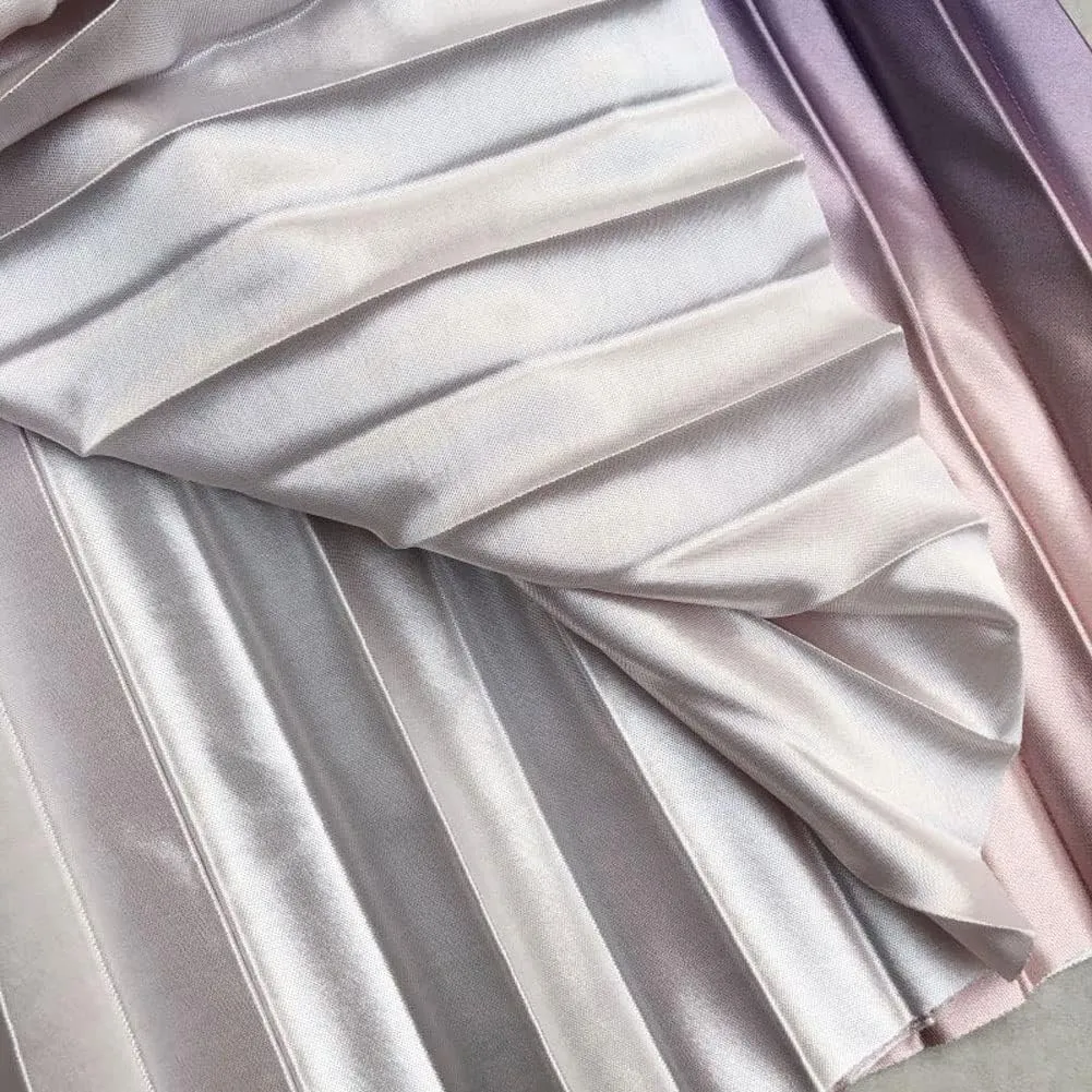 CHARTOU Women Cute Satin Metallic Gradient Pleated Midi Skirt Flowy Accordion A Line Long Skirt