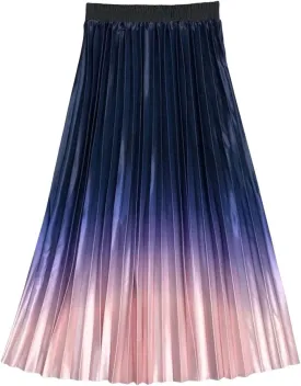 CHARTOU Women Cute Satin Metallic Gradient Pleated Midi Skirt Flowy Accordion A Line Long Skirt