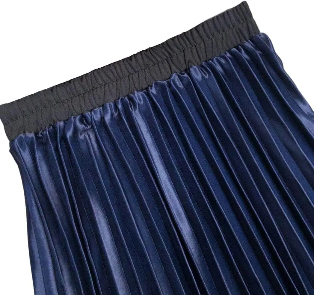 CHARTOU Women Cute Satin Metallic Gradient Pleated Midi Skirt Flowy Accordion A Line Long Skirt