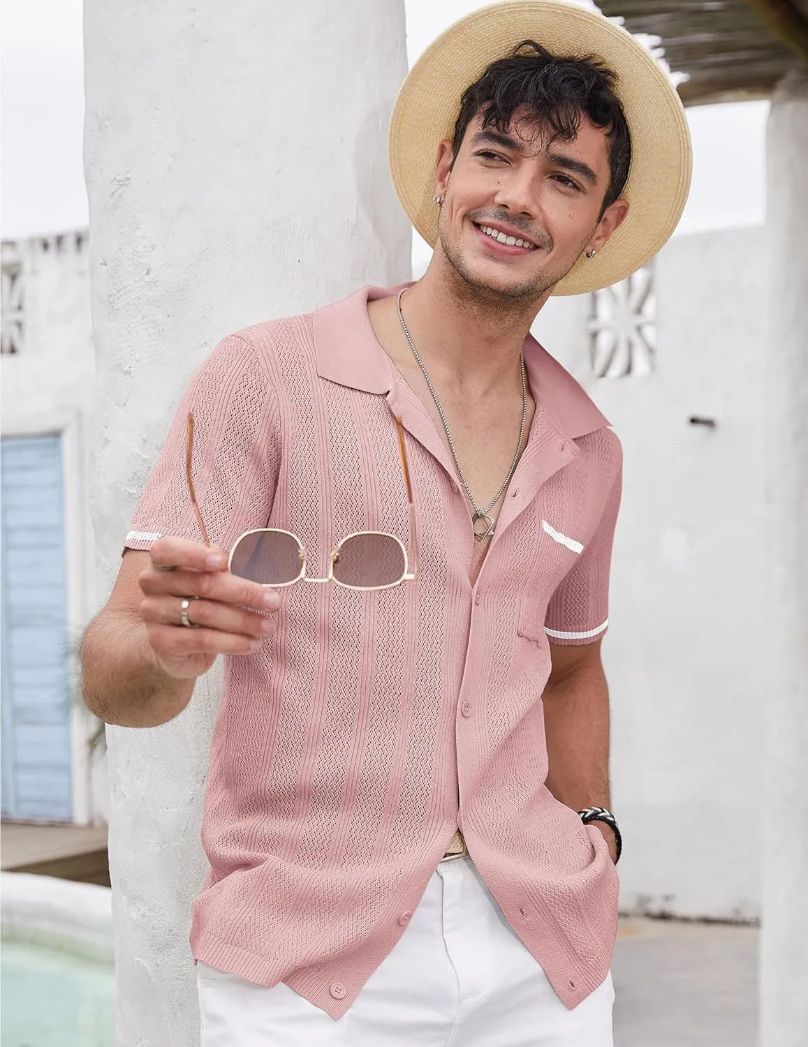 COOFANDY Men's Knit Button Down Shirt 2025 Vintage Short Sleeve Polo Shirt Casual Beach Tops