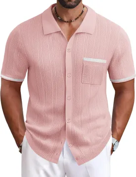 COOFANDY Men's Knit Button Down Shirt 2025 Vintage Short Sleeve Polo Shirt Casual Beach Tops