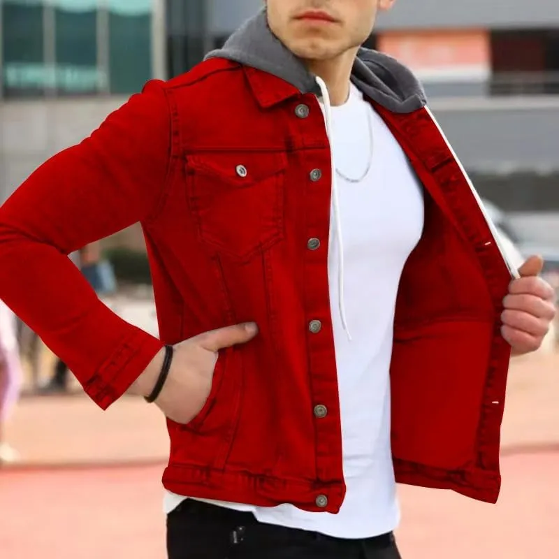 Denim Hoodie Military Jacket for Men Casual Slim Fit Button Down Jeans Coat Fashion Winter Denim Trucker Jacket