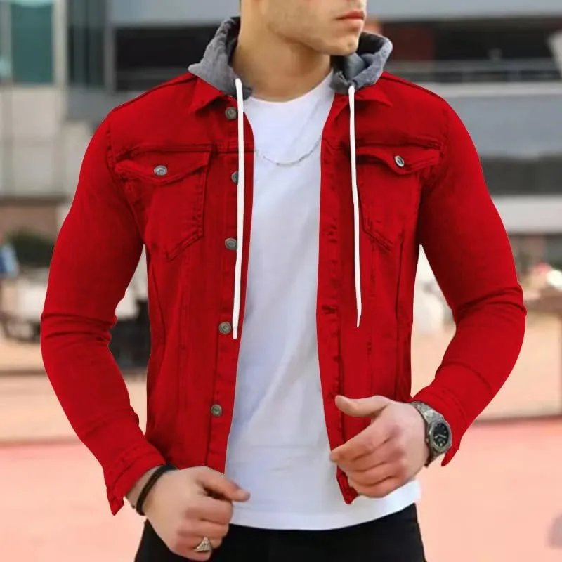 Denim Hoodie Military Jacket for Men Casual Slim Fit Button Down Jeans Coat Fashion Winter Denim Trucker Jacket