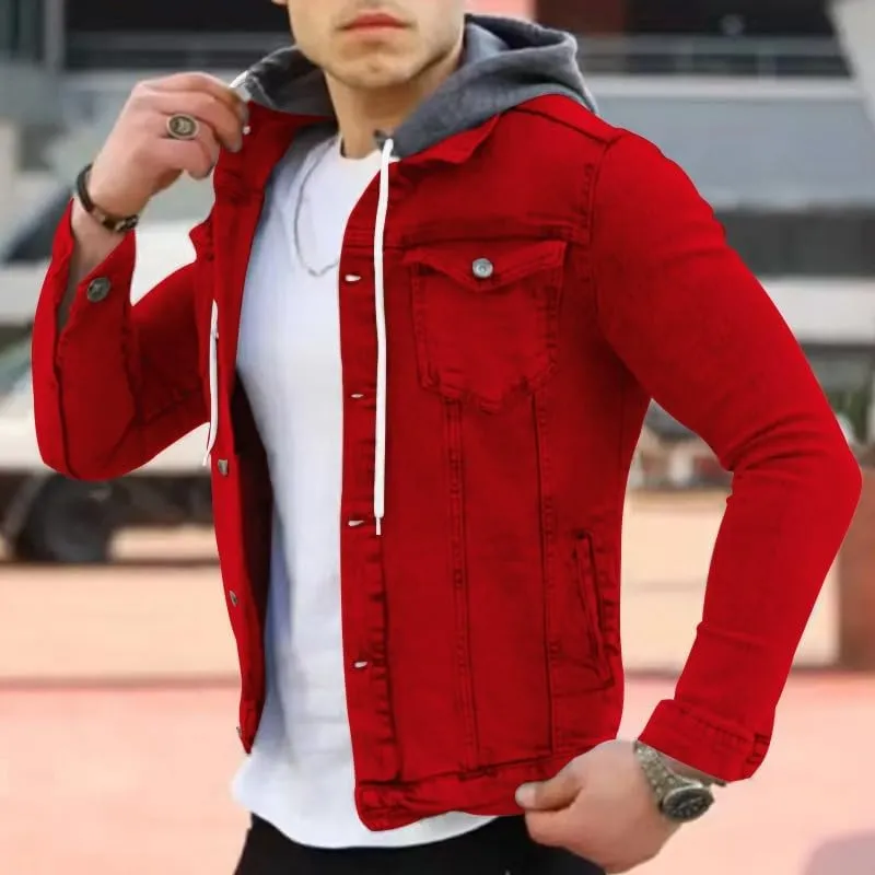 Denim Hoodie Military Jacket for Men Casual Slim Fit Button Down Jeans Coat Fashion Winter Denim Trucker Jacket