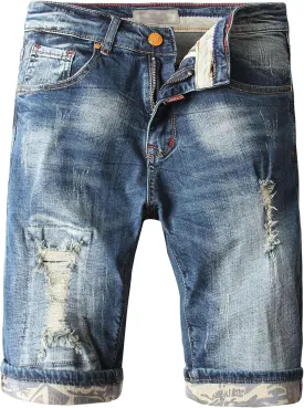 DGHM-JLMY Men's Ripped Washed Loose Raw Edge Denim Shorts Distressed Straight Jean Shorts Casual Stretchy Wide Leg Jean Short