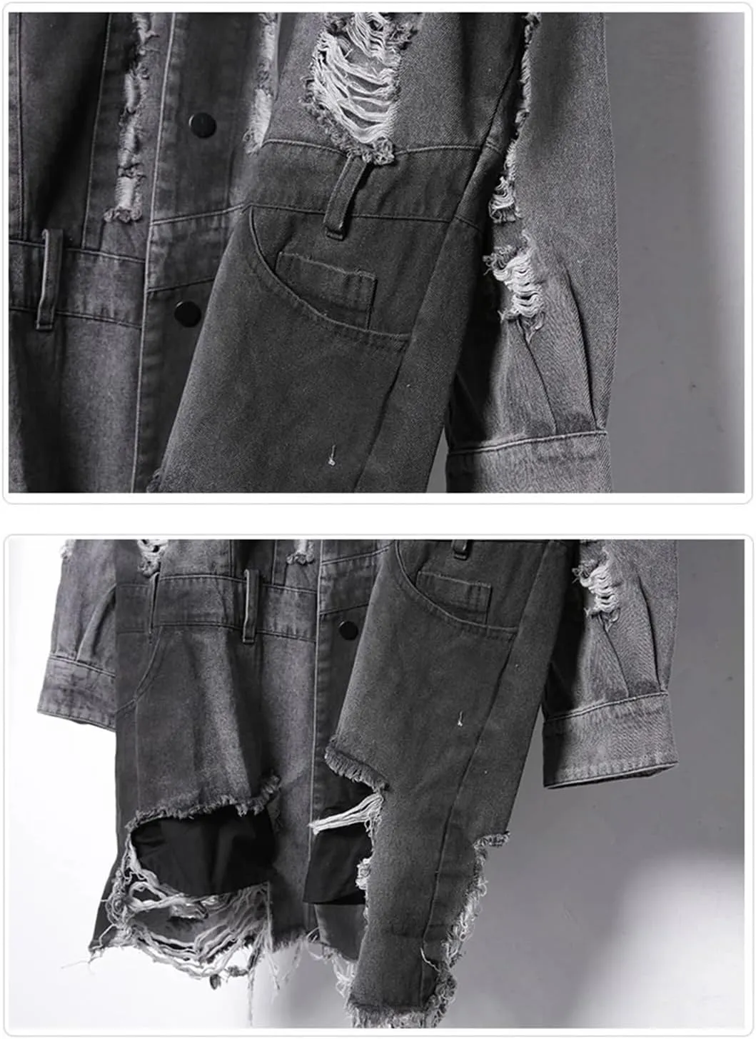ERFMFKL Mens Vintage Ripped Hole Long Denim Jacket Hip Hop Washed Distressed Jean Long Sleeve Shirt Coats