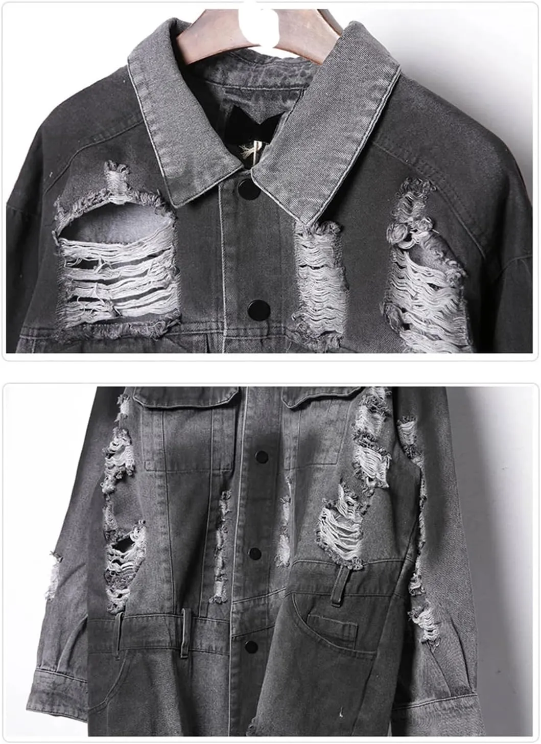 ERFMFKL Mens Vintage Ripped Hole Long Denim Jacket Hip Hop Washed Distressed Jean Long Sleeve Shirt Coats