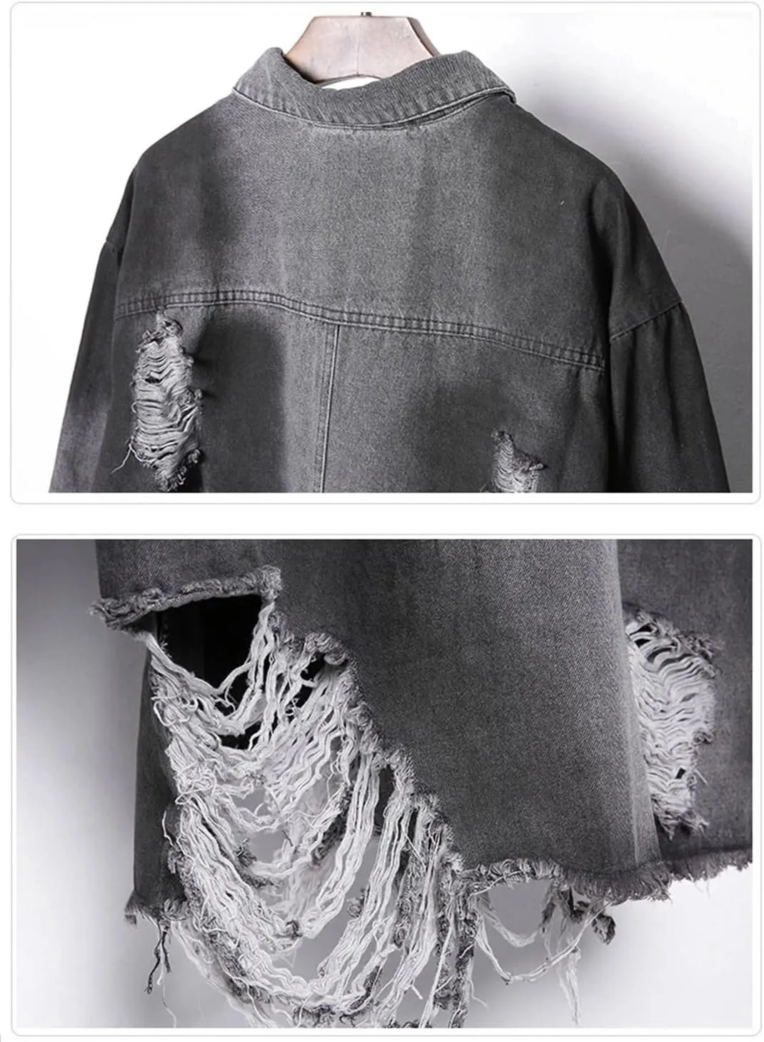 ERFMFKL Mens Vintage Ripped Hole Long Denim Jacket Hip Hop Washed Distressed Jean Long Sleeve Shirt Coats