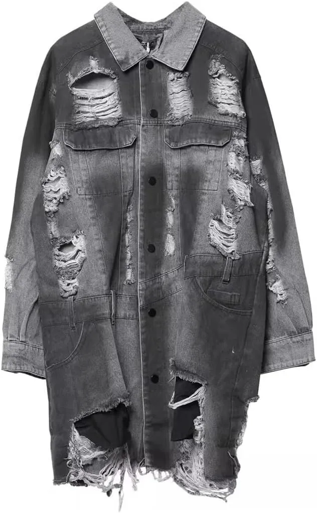 ERFMFKL Mens Vintage Ripped Hole Long Denim Jacket Hip Hop Washed Distressed Jean Long Sleeve Shirt Coats