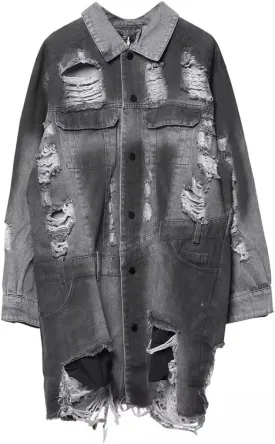 ERFMFKL Mens Vintage Ripped Hole Long Denim Jacket Hip Hop Washed Distressed Jean Long Sleeve Shirt Coats